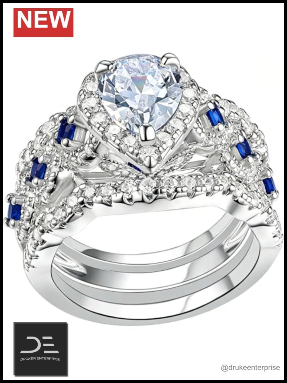 Pear Cut Blue Sapphire Ring Bridal Set Women's Wedding Engagement 3 Piece